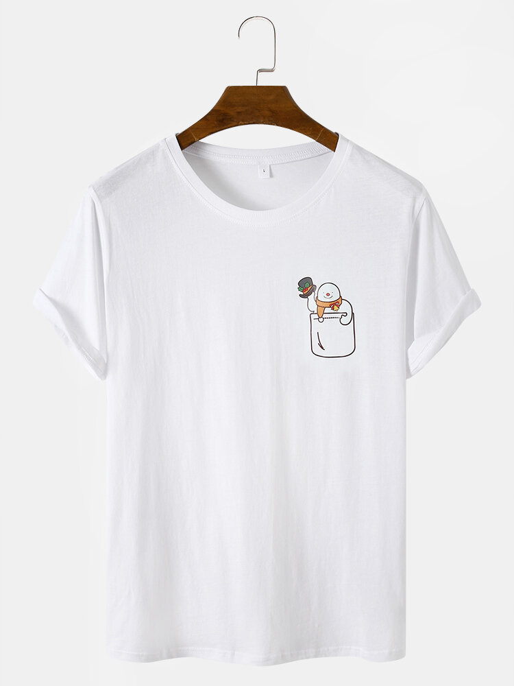 Mens Christmas Snowman Chest Printed Short Sleeve 100% Cotton T-Shirts