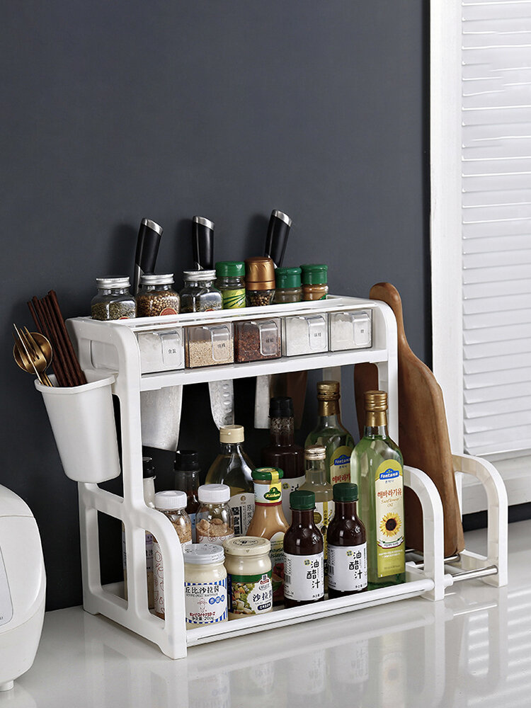 

Kitchen Shelf Double-layer Spice Rack With Five-grid Seasoning Box Multi-function Rack With Cutting Board Rack And Knife
