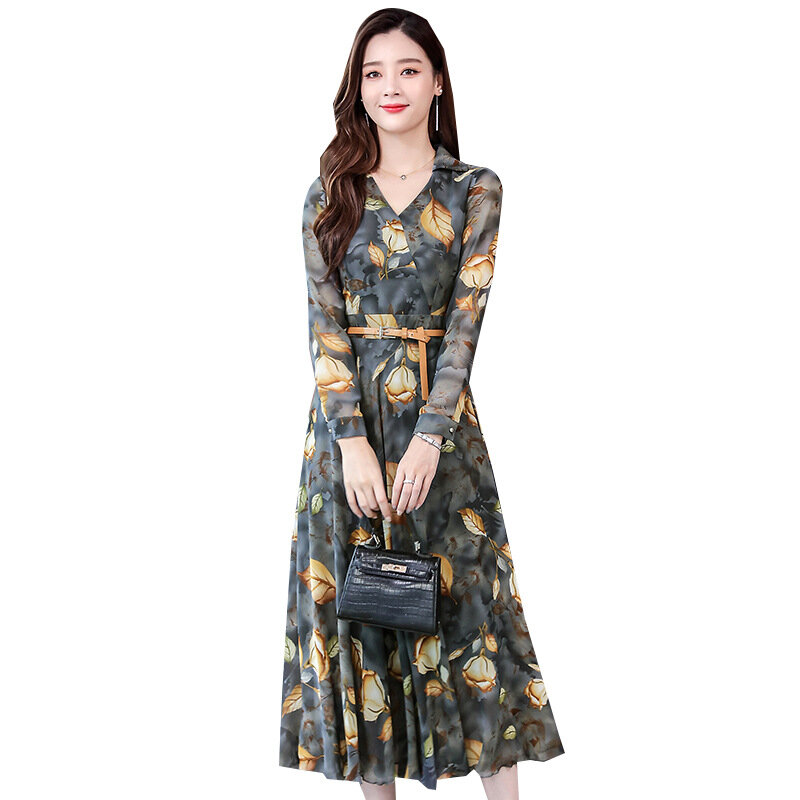 Long-sleeved Temperament Floral Chiffon Dress