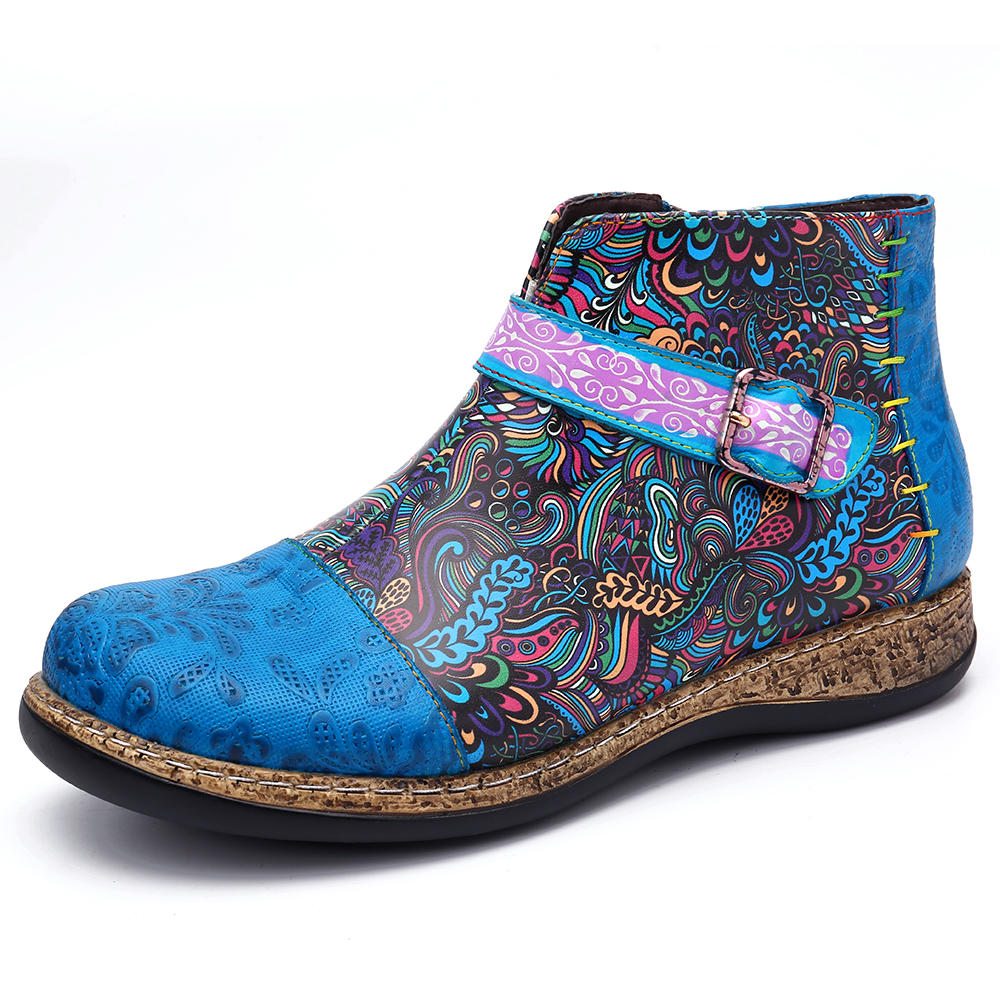 SOCOFY Folkways Pattern Genuine Leather Splicing Comfy Flat Ankle Boots