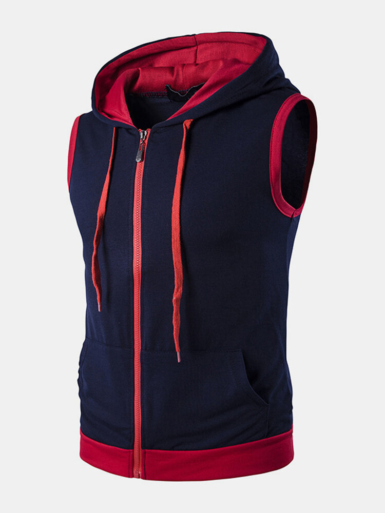

Hit Color Stitching Hooded Sleeveless Vest, Red;black;light grey;dark gray;navy;blue