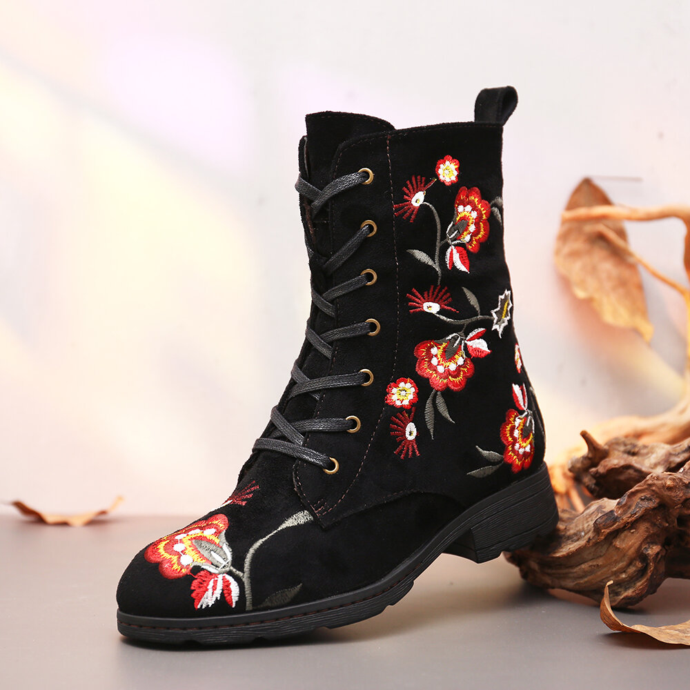 SOCOFY Embroidered Pattern All Black Winter Warm Cozy Zipper Lace Up Flat Boots
