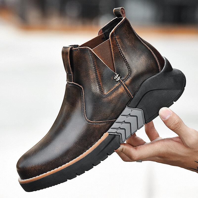 Men Vintage Outdoor Work Style Elastic Slip On Casual Leather Boots 