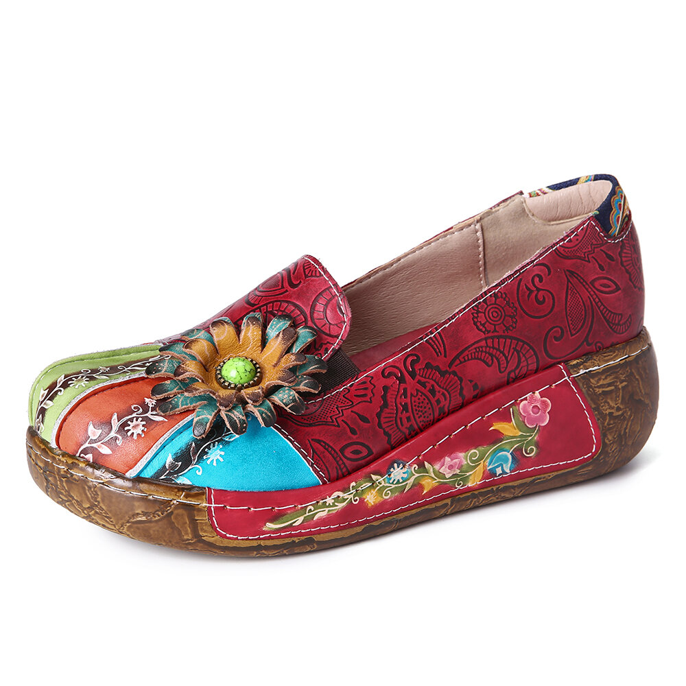 SOCOFY Retro Floral Embossed Genuine Leather Thick Bottom Casual Slip On Single Shoes