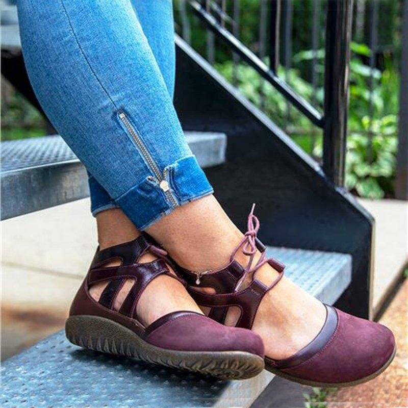 Large Size Women Casual Round Toe Lace Up Hollow Flat Shoes