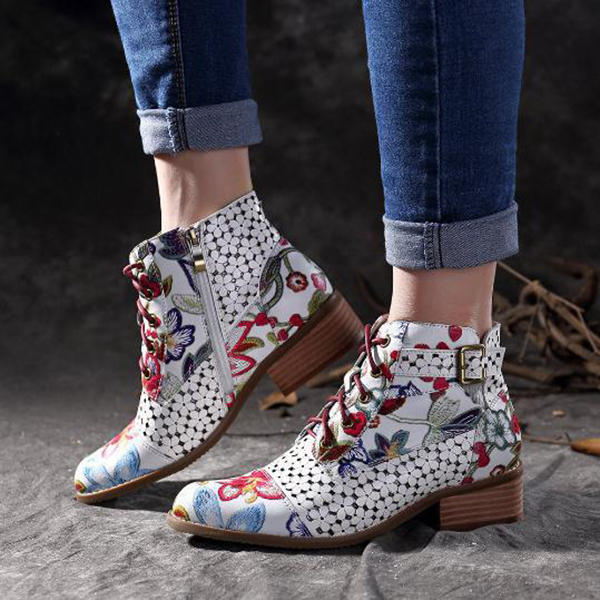 Women Elegant Flowers Printing Lace Up Block Heel Ankle Boots