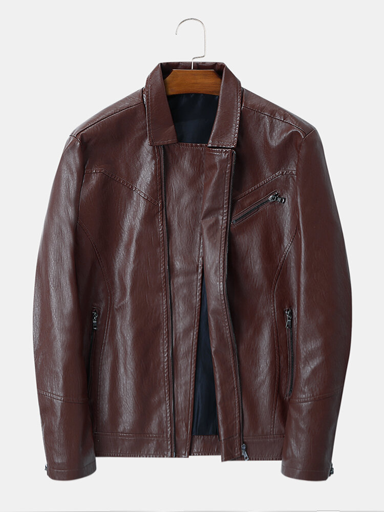 

Mens PU Leather Fashion Diagonal zipper Long Sleeve Turndown Collar Casual Jackets, Khaki;wine red