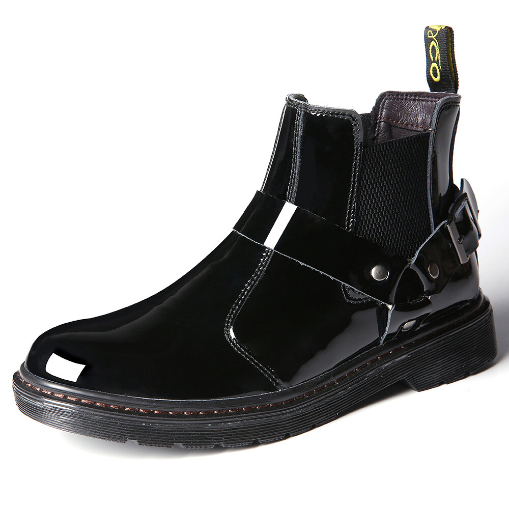 Menico Men Metal Buckle Non Slip Elastic Panels Casual Leather Boots