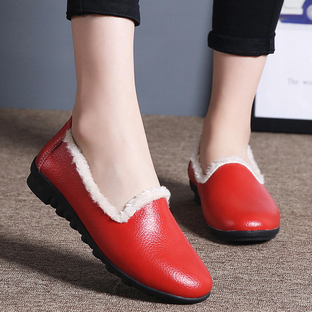 Leather Warm Plush Lining Slip On Casual Flat Loafers