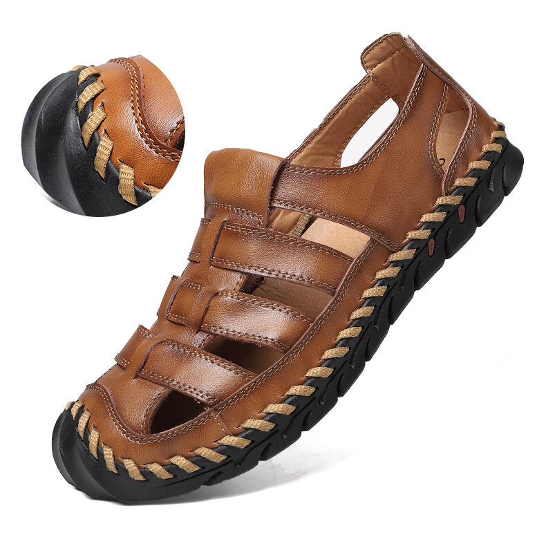 Men Hand Stitching Outdoor Slip Resistant Cow Leather Hole Sandals 