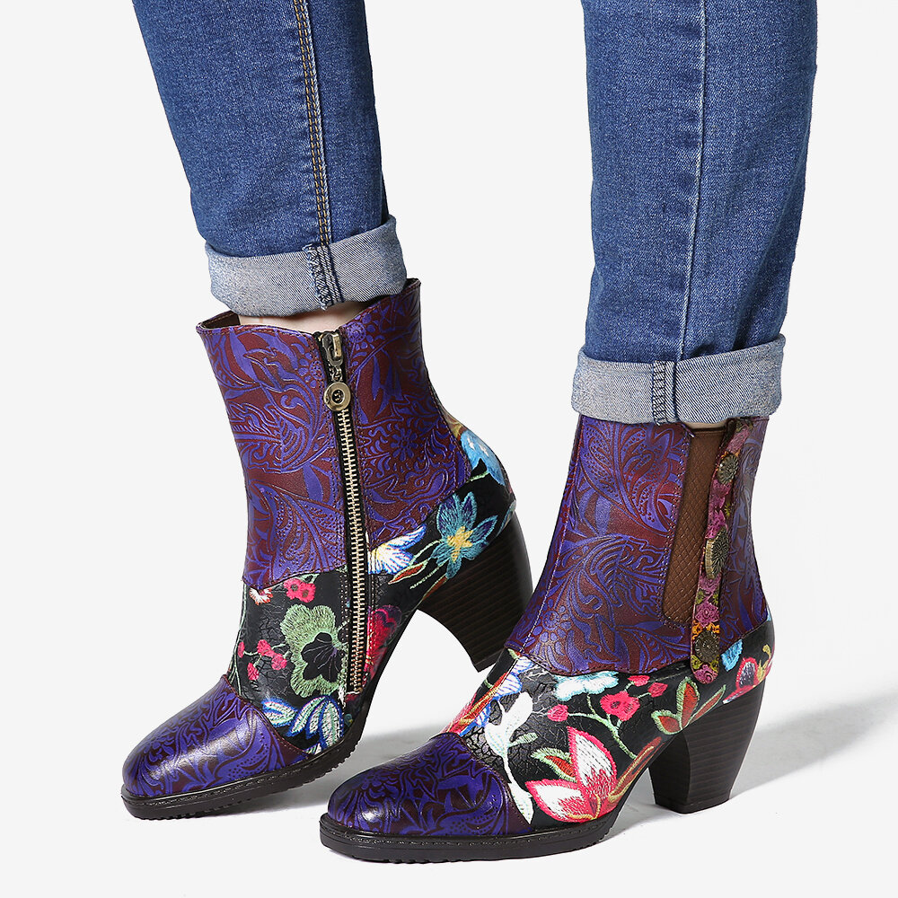 SOCOFY Embossed Genuine Leather Splicing Vivid Flowers pattern High Heel Zipper Boots