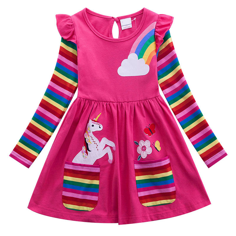 

Girls Unicorn Rainbow Stripe Print Casual Dress For 2-9Y, Pink;blue;rose