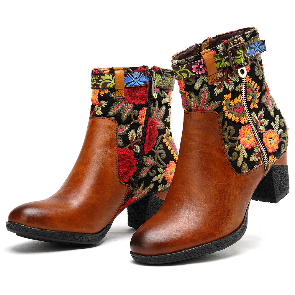 SOCOFY Retro Embroidered Pattern Genuine Leather Stitching Zipper Comfy High Heel Boots