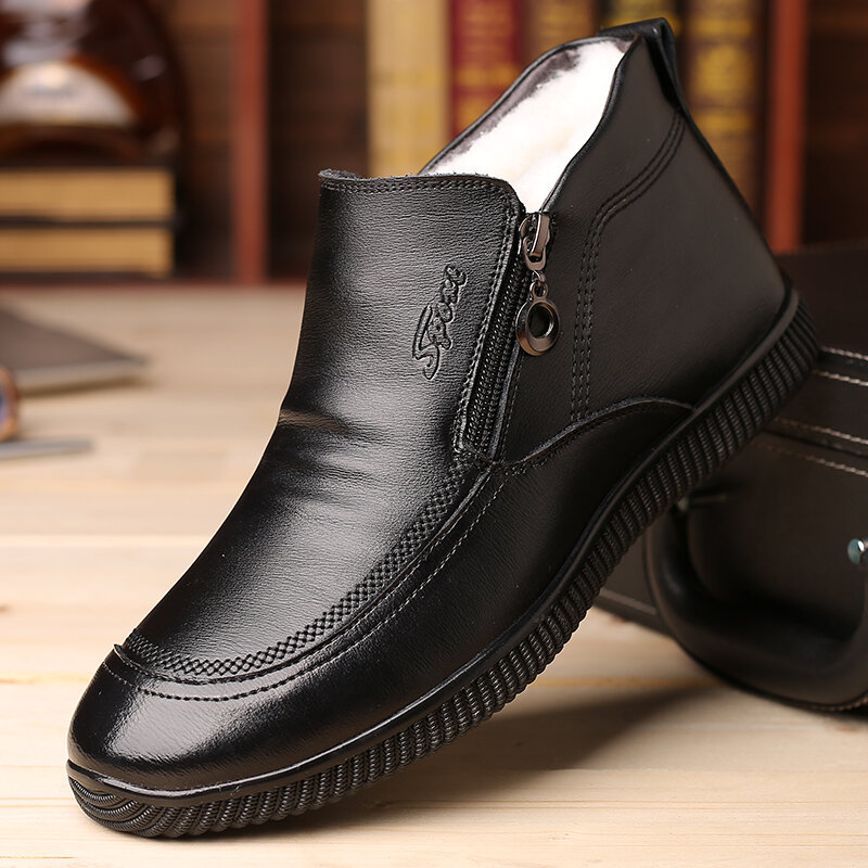 Men Cow Leather Non Slip Plush Lining Side Zipper Casual Ankle Boots 
