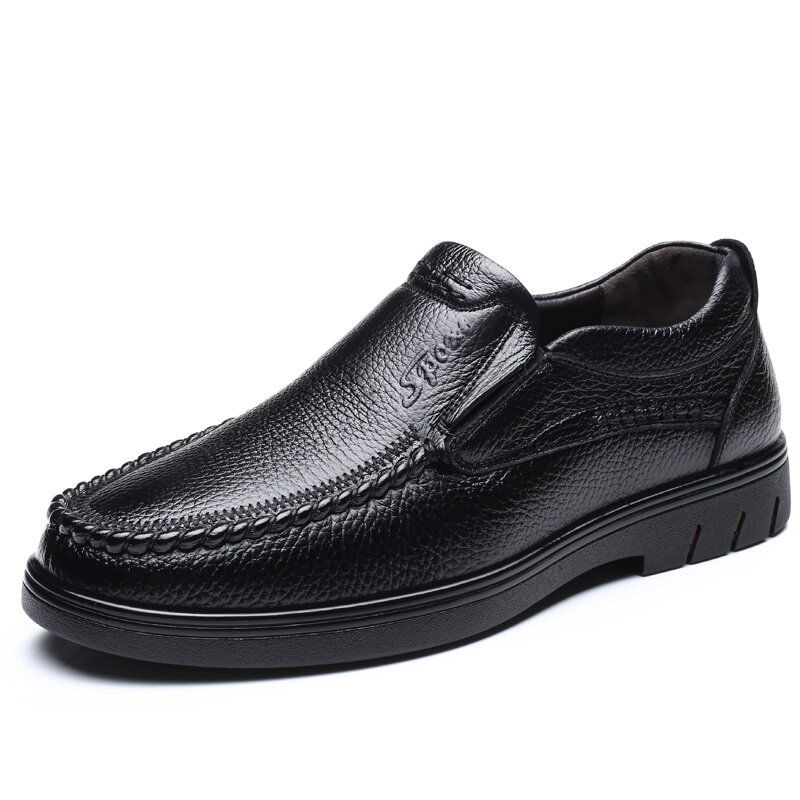 Men Cow Leather Non Slip Stitching Slip On Soft Casual Shoes 