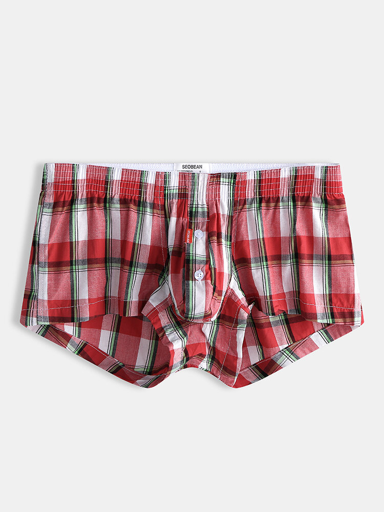 

Men Plaid Boxer Shorts Sexy Buttons Down Pouch Thin Breathable Loungewear Underwear, Red;lake blue;black