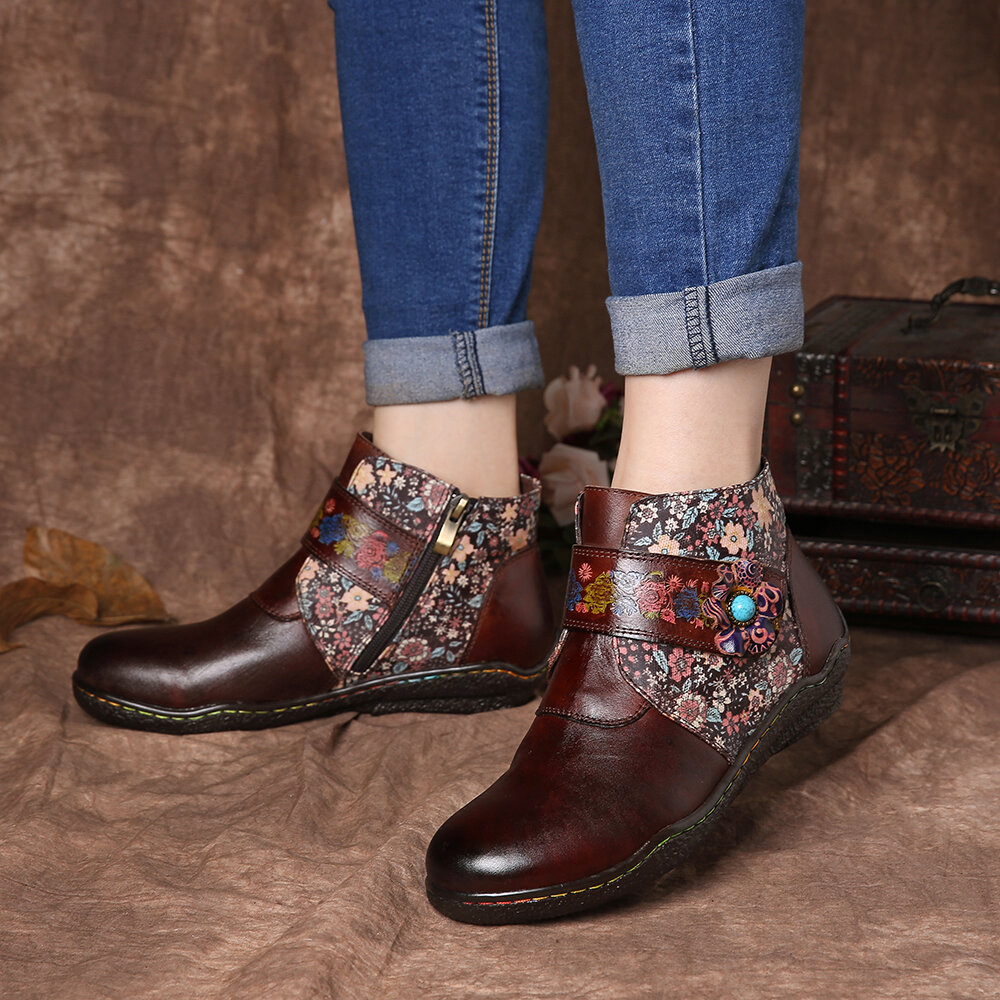 SOCOFY Retro Small Flowers Colorful Stitching Soft Flat Leather Boots