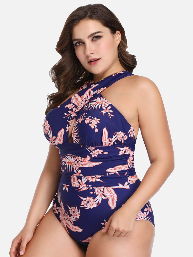 Plus Size Slimming One Piece Floral Criss-Cross Backless Women Swimsuits