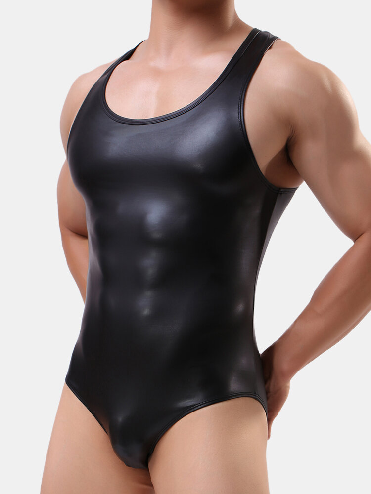 

Men Faux Leather Jumpsuit Clubwear Sexy Reflective Black Plain Sleeveless Onesies Underwear