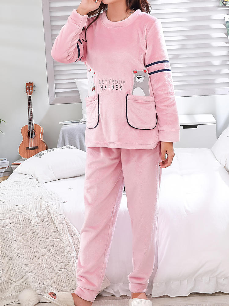 Женское Plus Размер Медведи Кошки с принтом Пижама Флис Теплые комплекты пижамы