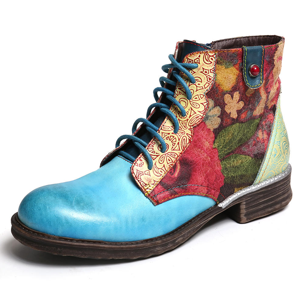 SOCOFY Watercolor Flower Genuine Leather Splicing Zipper Lace Up Flat Short Boots