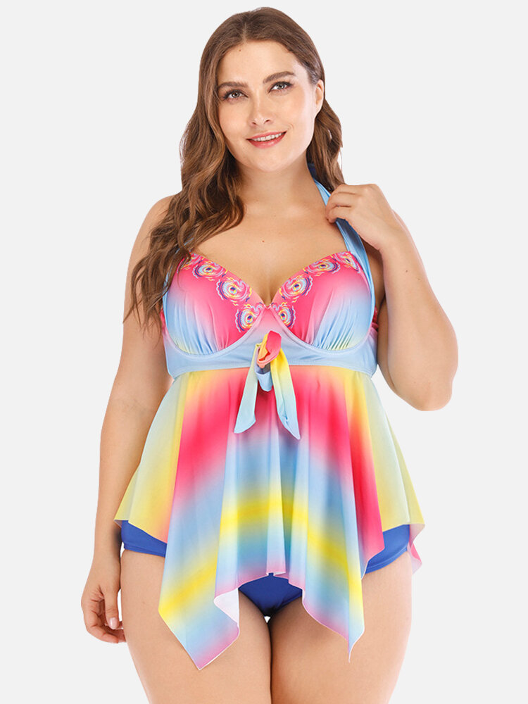 

Plus Size Tankinis Women Swimsuits Multi-Color Halter Bowknot High Waist Beachwear