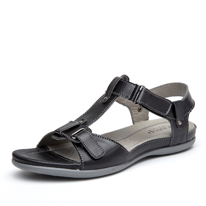 Opened Toe Comfortable Adjustable Hook Loop Black Sandals