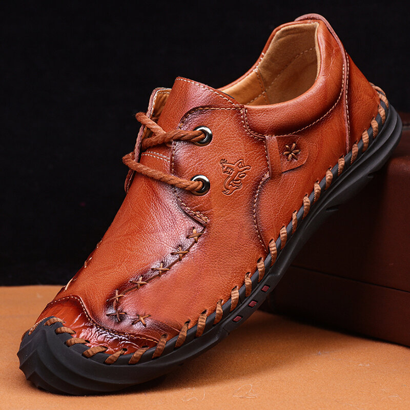 Menico Men Retro Non Slip Hand Stitching Soft Sole Casual Leather Shoes 