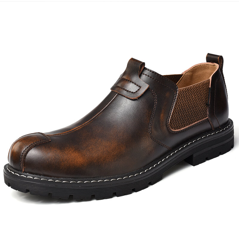 

Me Vintage Outdoor Work Style Elastic Slip On Casual Leather Shoes, Black;dark brown;brown