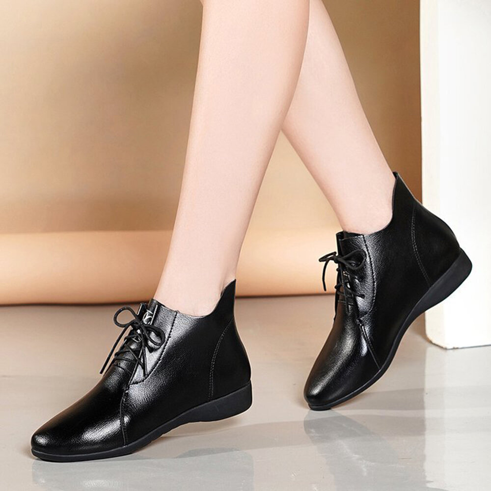 Microfibric Leather Lace Up Soft Sole Casual Flat Black Boots