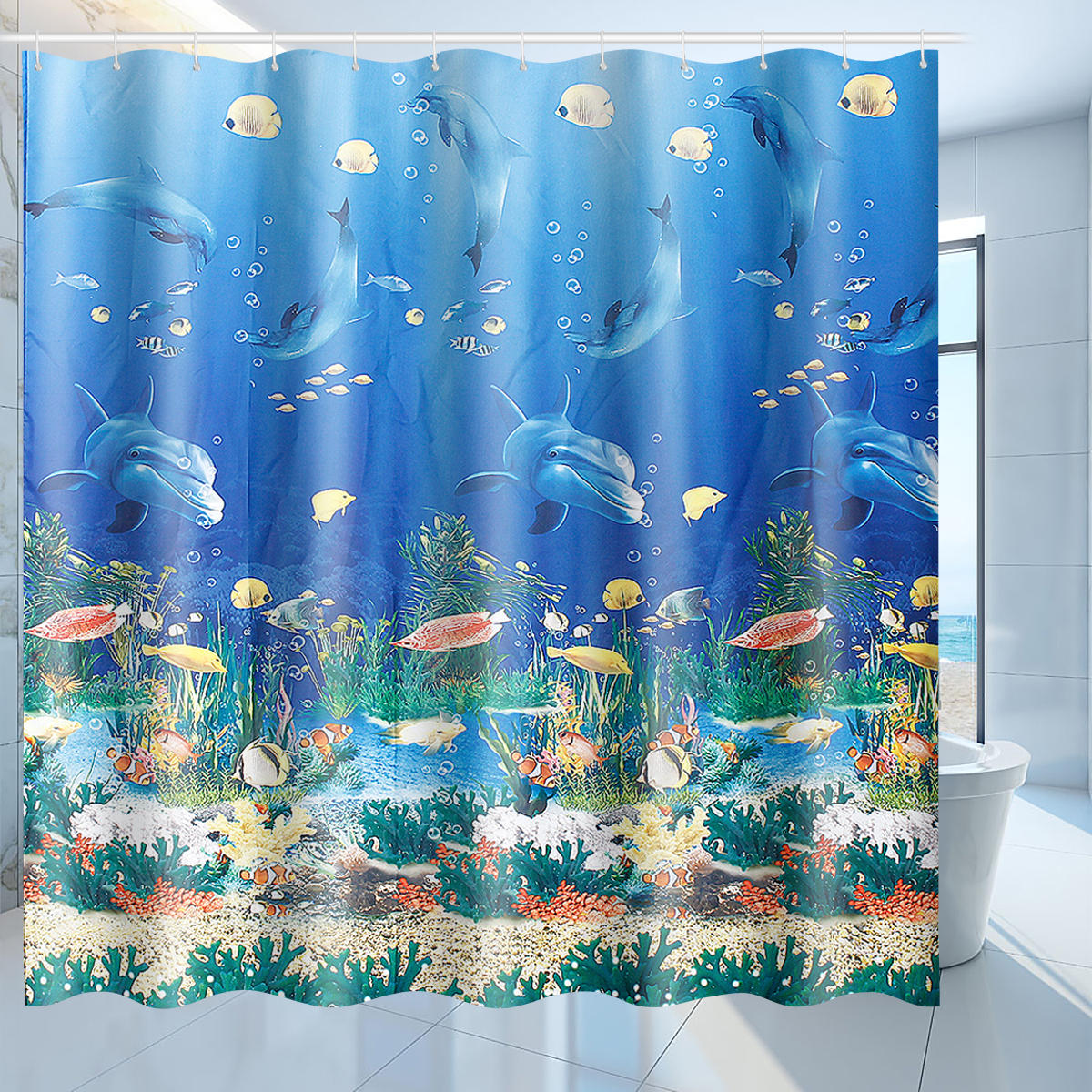 180x180cm Waterproof Polyester Ocean Shower Curtain Bathroom Decor With 12 Hooks
