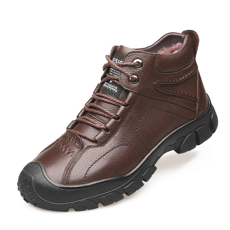 Men Genuine Leather Non Slip Plush Lining Warm Anti-collision Casual Boots 