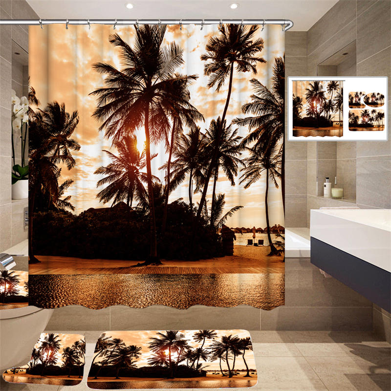 180*180cm Tropical Design Shower Curtain/3pcs Carpets Bathroom Bath Mat Set Hot
