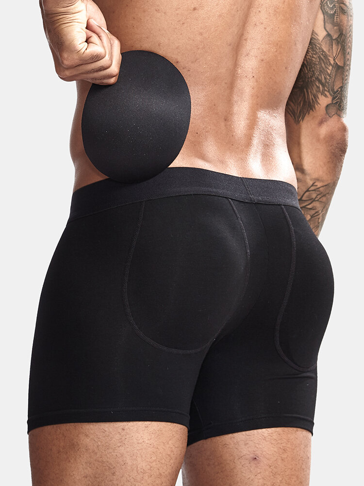 

Men Removable Padded Boxer Briefs Sexy Butt Lifting Cotton Comfort Mid Waist Plain Underwear, Black