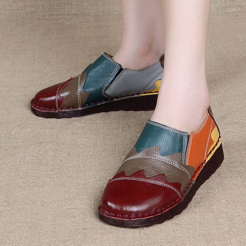 Women Casual Colorful Splicing Soft Leather Flat Loafers