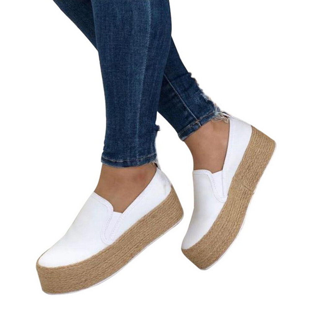 Large Size Women Comfortable Solid Color Straw Platform Casual Flats