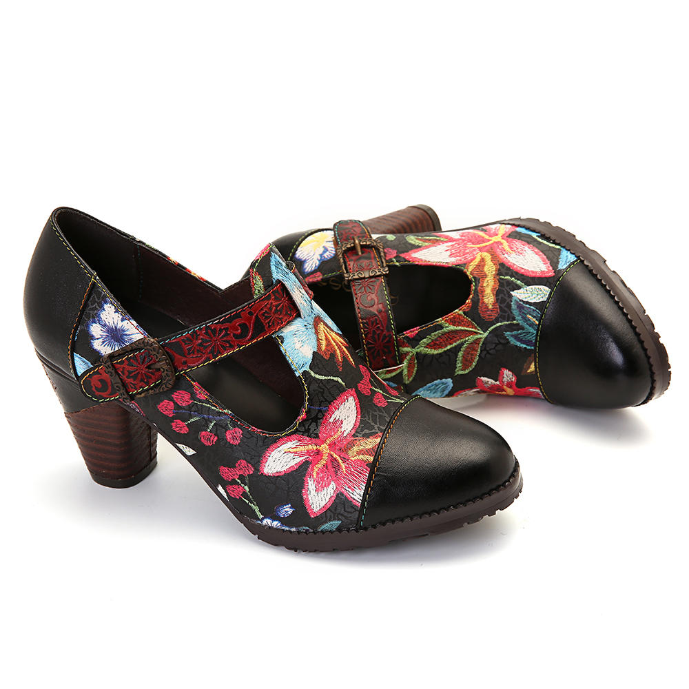 SOCOFY Folkways Colorful Flowers Stitching Genuine Leather Retro T-Strap Dress Pumps For Women