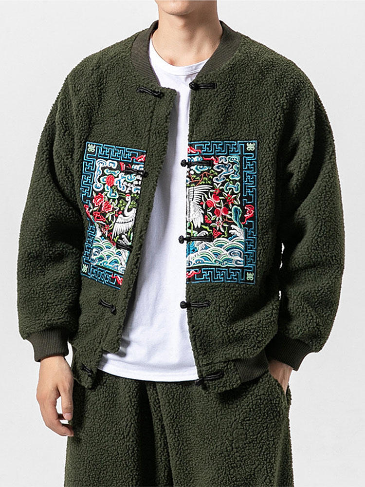 

Mens Fashion Chinese Style Printing Long Sleeve Polar Fleece Zipper Jacket, Army green
