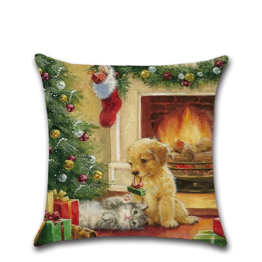 

Retro Christmas Santa Doggy Linen Throw Pillow Case Home Sofa Cushion Cover Christmas Gift Decor