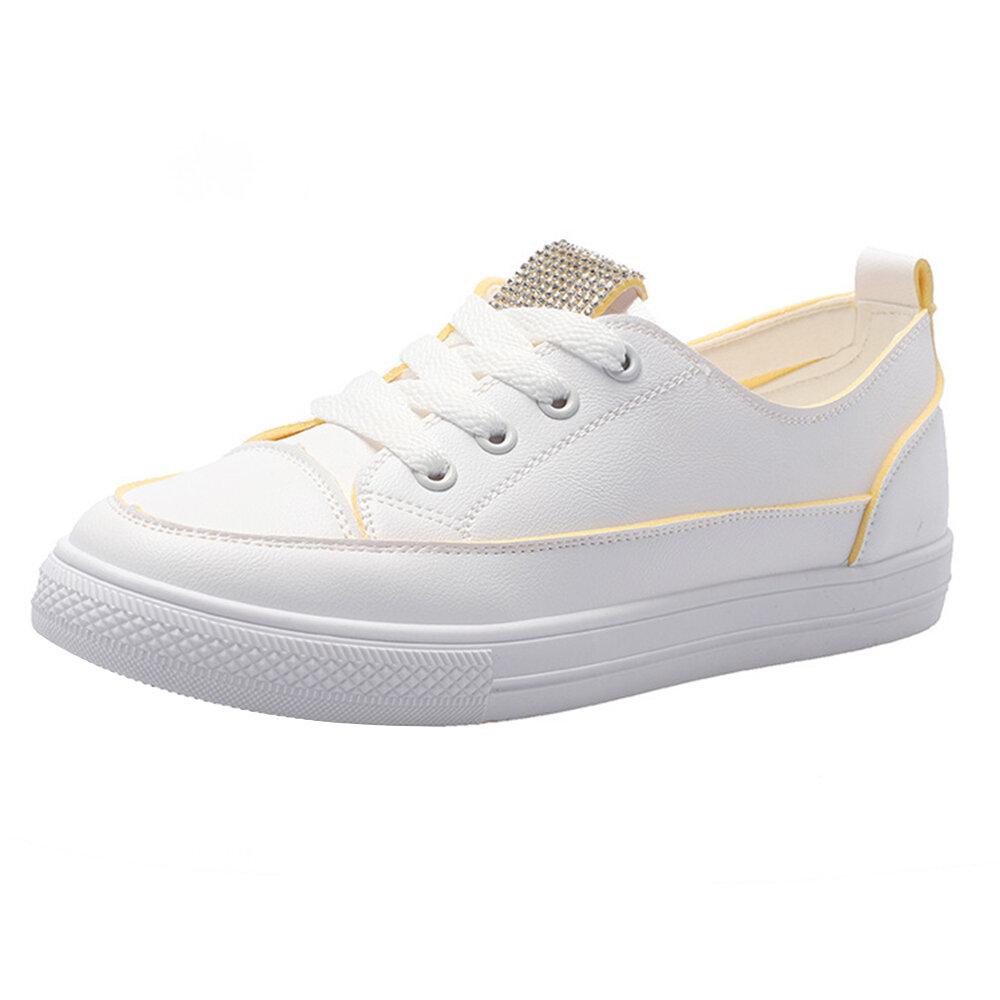 Rhinestone Lace Up Skateboard Casual Flat White Shoes