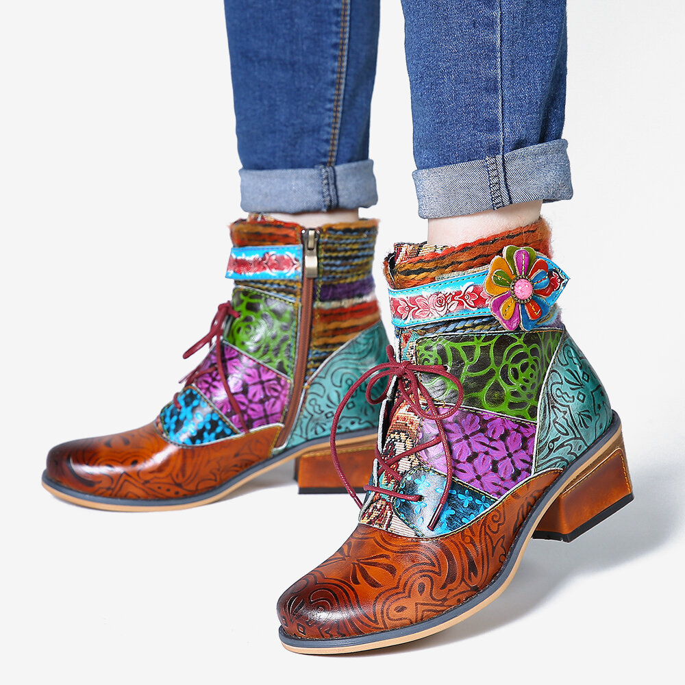 SOCOFY Colorful Genuine Leather Splicing Flower Lace Up Zipper Flat Short Boots