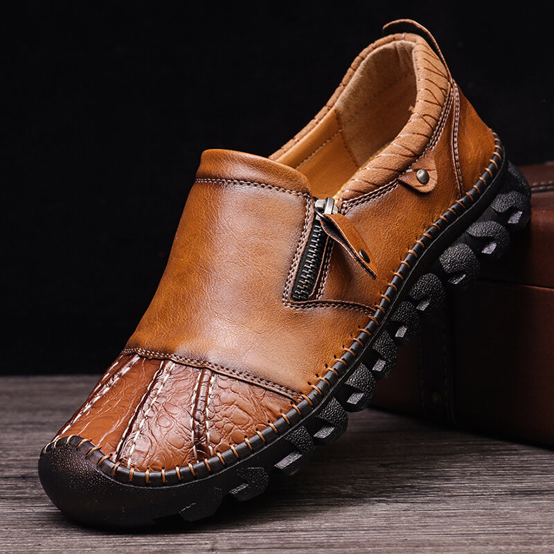 Menico Men Retro Hand Stitching Leather Non slip Side Zipper Casual Shoes 
