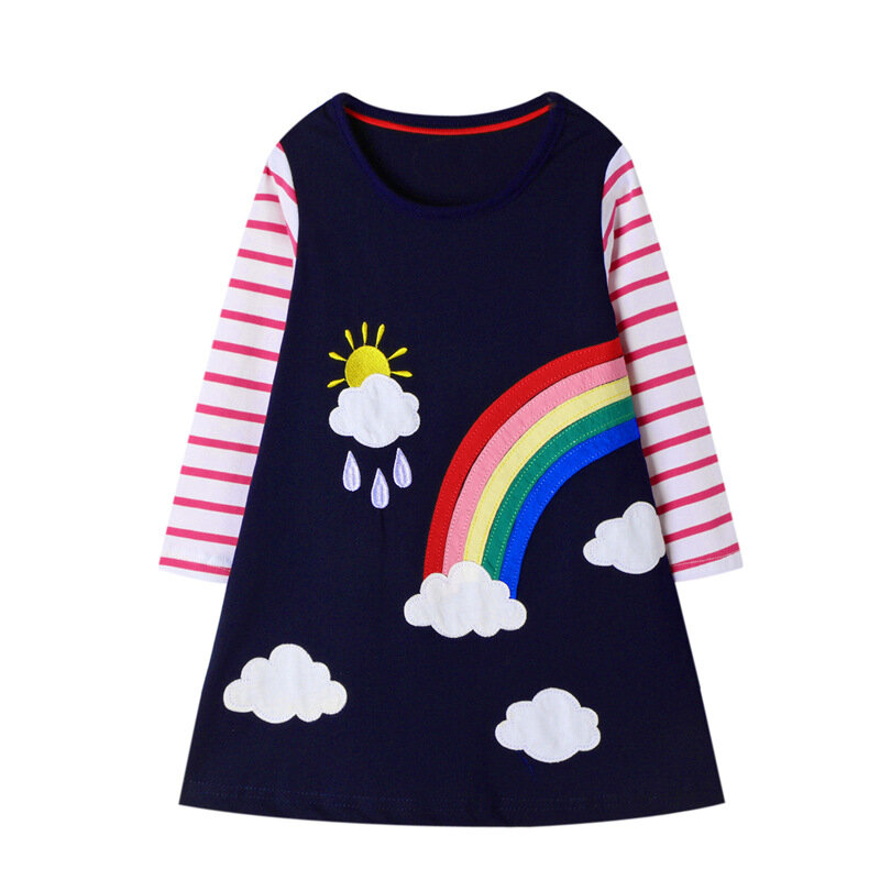 Girl's Rainbow Pattern Striped Long Sleeves Casual Dress For 1-9Y