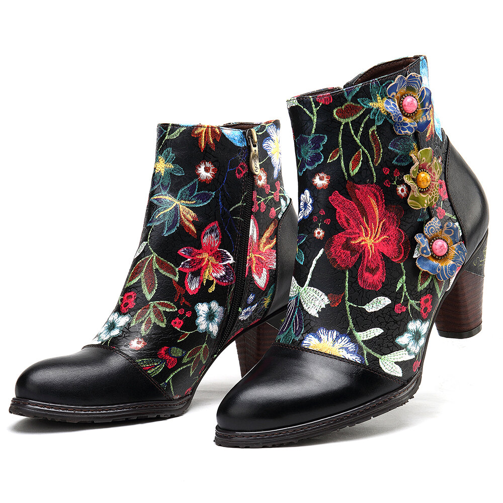SOCOFY Colorful Floral Genuine Leather High Heel Elegant Ankle Boots