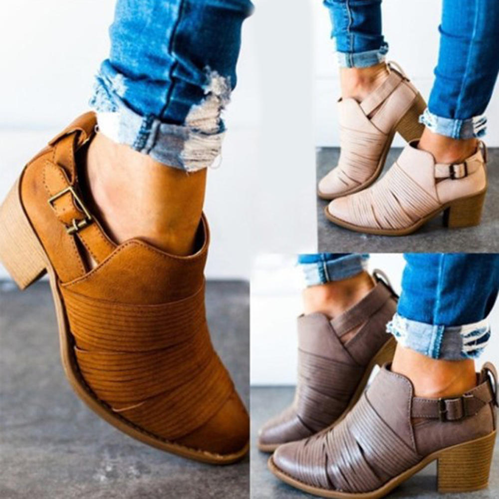 Plus Size Women Comfy Pointed Toe Buckle Chunky Heel Short Ankle Boots