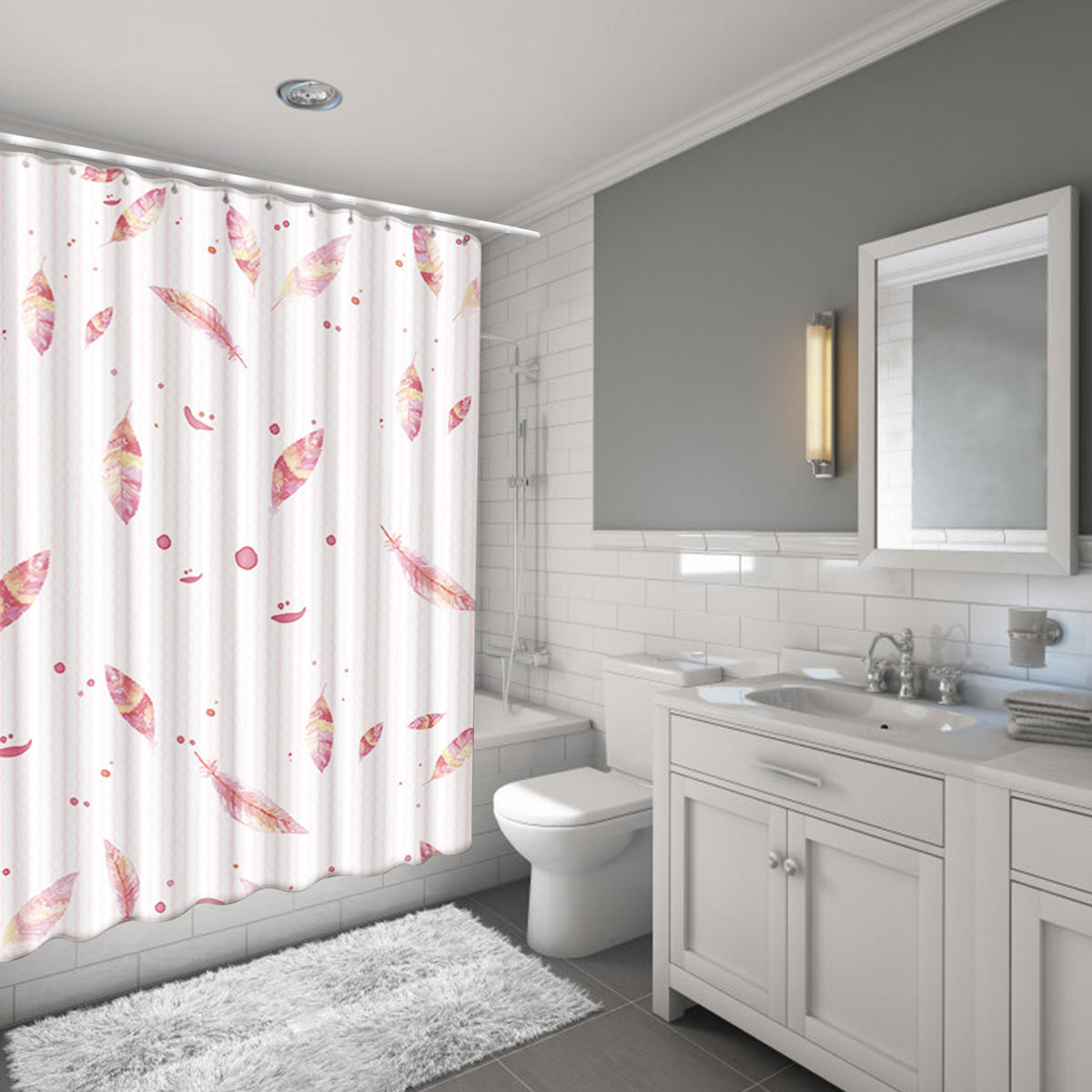1 Set Bathroom Non-slip Pedestal Rug Lid Toilet Cover Bath Mat Curtain & Hooks