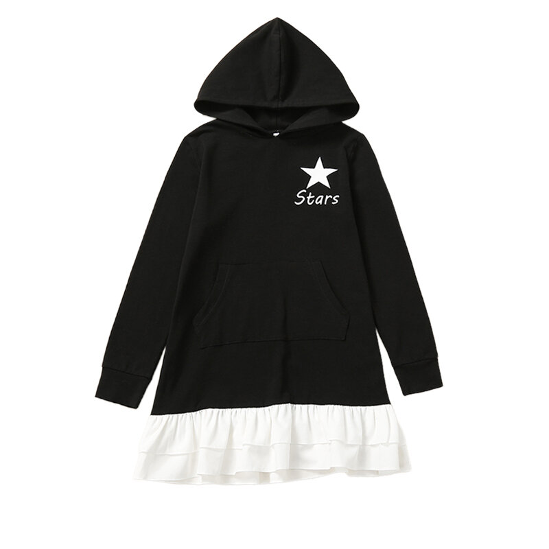 

Girl's Star Hooded Long Sleeves Patchwork Dress For 6-15Y, Black