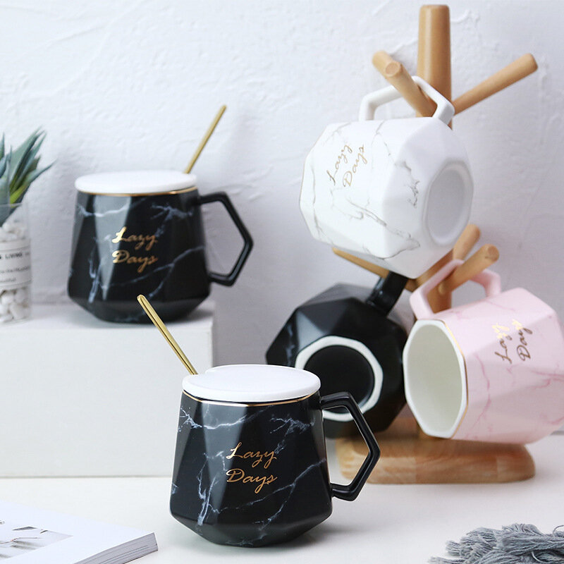

Nordic Style Ins Marble Ceramic Cup Irregular Shape Mug Student Gift Business Office Cup, Black;pink