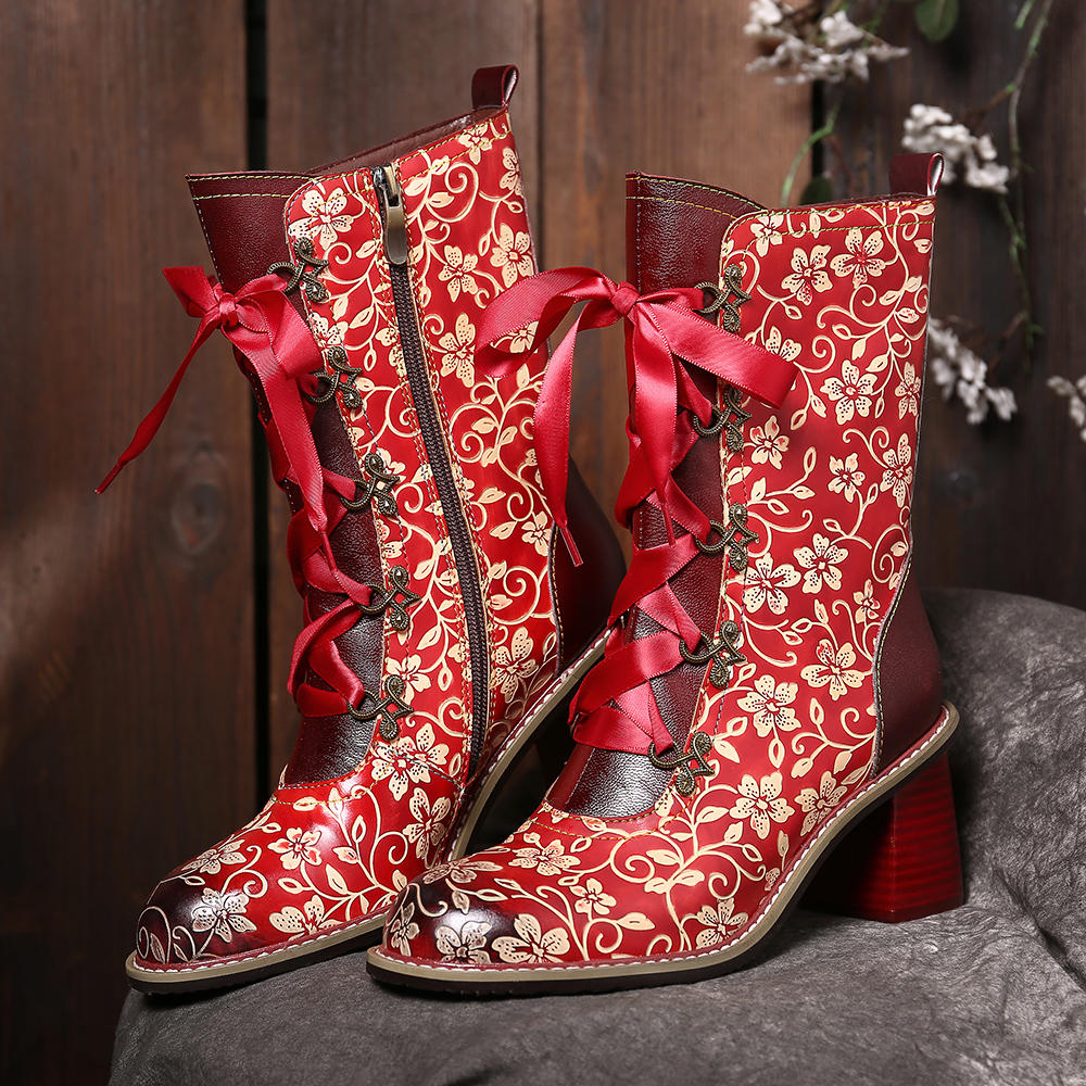 SOCOFY Retro Flower Genuine LeatherElegant Chunky High Heel Boots
