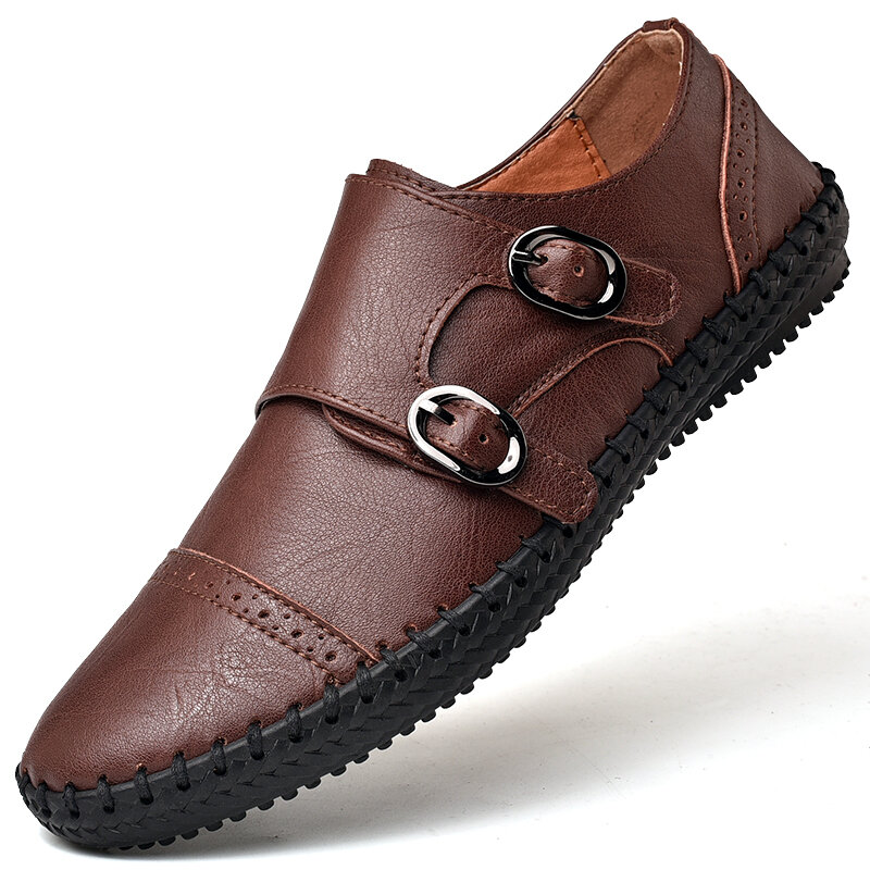 Men Hand Stitching Non Slip Metal Slip On Casual Leather Shoes